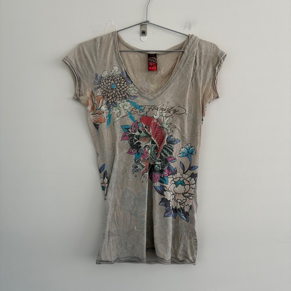 Ed Hardy Christian Audigier Women Tan Koi Fish Floral V-Neck T-Shirt Large